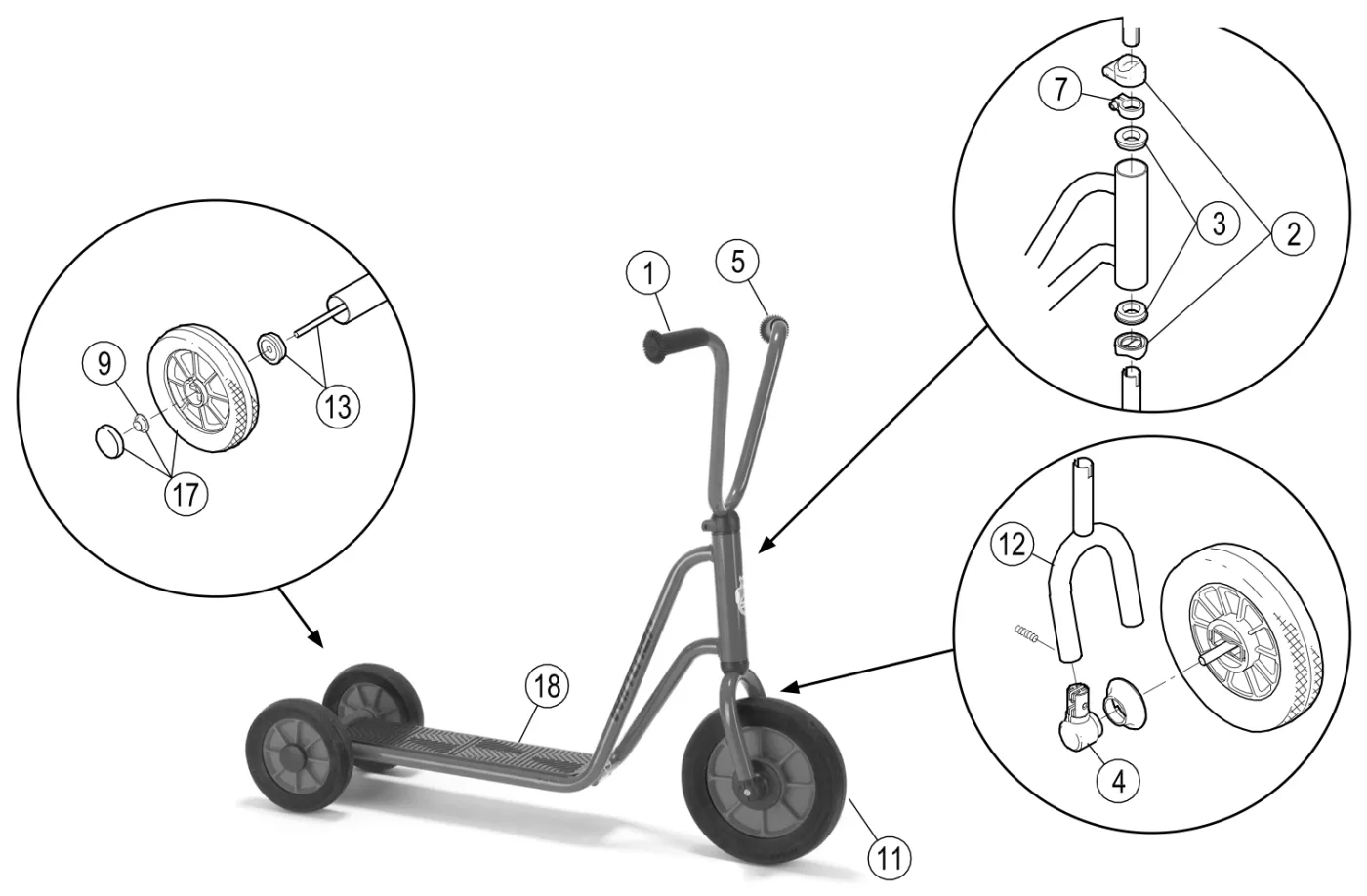 Explosionszeichnung Mini Viking Roller mit 2 Hinterrädern