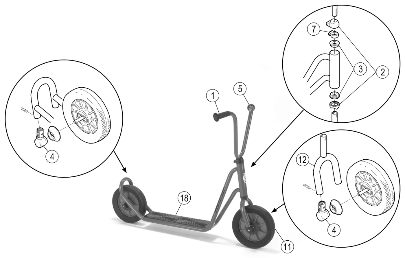 Explosionszeichnung Mini Viking Roller mit 1 Hinterrad