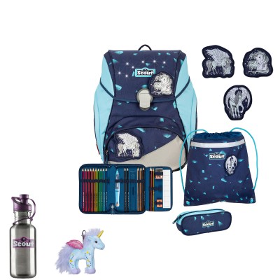 Scout Alpha Exklusiv Schulranzen Set 2 LED Pegasus 5tlg + gratis Glücksbringer