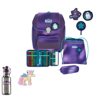 Scout Genius Exklusiv Schulranzen Set 2 LED Purple Magic 5tlg + gratis Glücksbringer