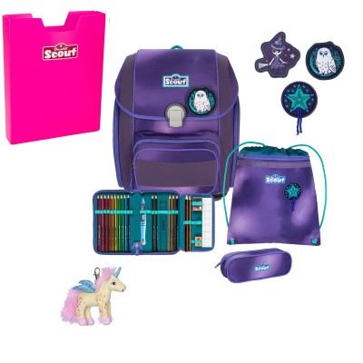Scout Exklusiv Genius Superflash Purple Magic Schulranzen Set 5tlg. + gratis Glücksbringer