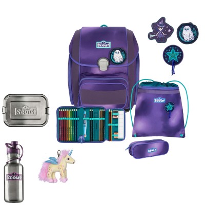 Scout Genius Exklusiv Schulranzen Set 2 LED Purple Magic 6tlg + gratis Glücksbringer