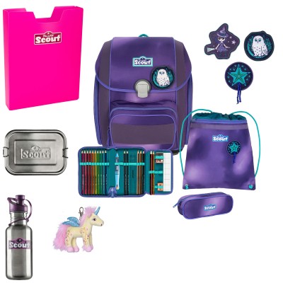 Scout Exklusiv Genius Superflash Purple Magic Schulranzen Set 7tlg. + gratis Glücksbringer
