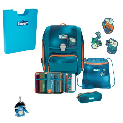 Scout Exklusiv Genius Superflash Seadragon Schulranzen Set 5tlg. + gratis Glücksbringer