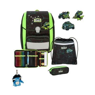 Scout Exklusiv Genius LED Dino Hunter Schulranzen Set 4tlg. + gratis Glücksbringer