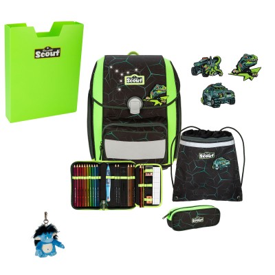 Scout Exklusiv Genius LED Dino Hunter Schulranzen Set 5tlg. + gratis Glücksbringer