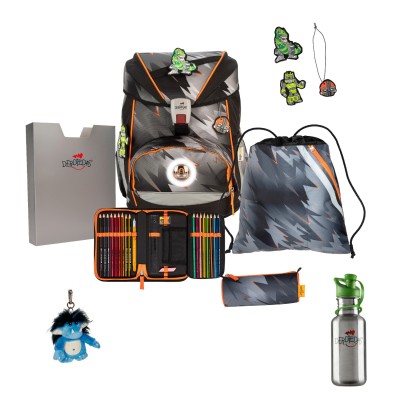 DerDieDas Schulranzen ErgoFlex LED Set 6tlg. Cyber Dino+ gratis Glücksbringer