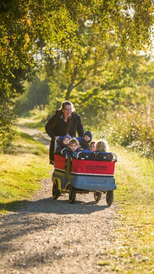 Preview: Erzieherin schiebt den Winther Turtle Kinderbus für 6 Kinder inkl. 3 Sonnendächern einen Waldweg entlang