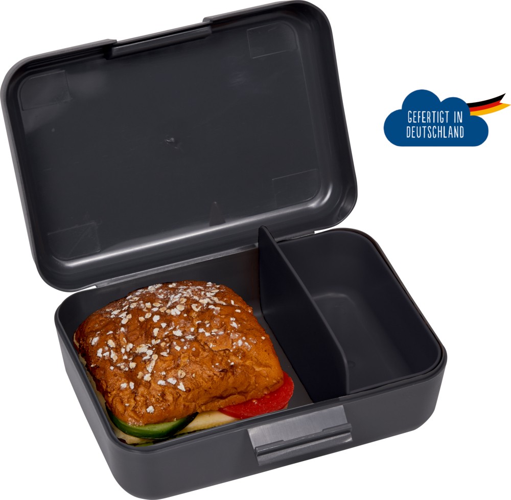 Butterbrotdose Innenansicht, Packbeispiel, mit Trennwand, ohne Inhalt