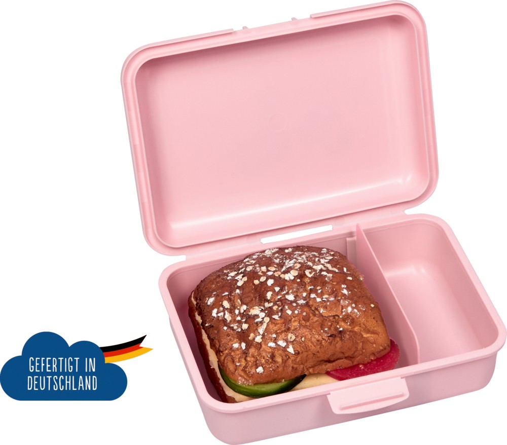 Butterbrotdose Innenansicht, Packbeispiel, mit Trennwand, ohne Inhalt