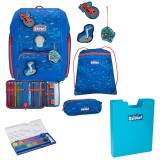 Scout Exklusiv Genius Superflash Blue Dino Schulranzen Set 5tlg. + gratis Farbkasten